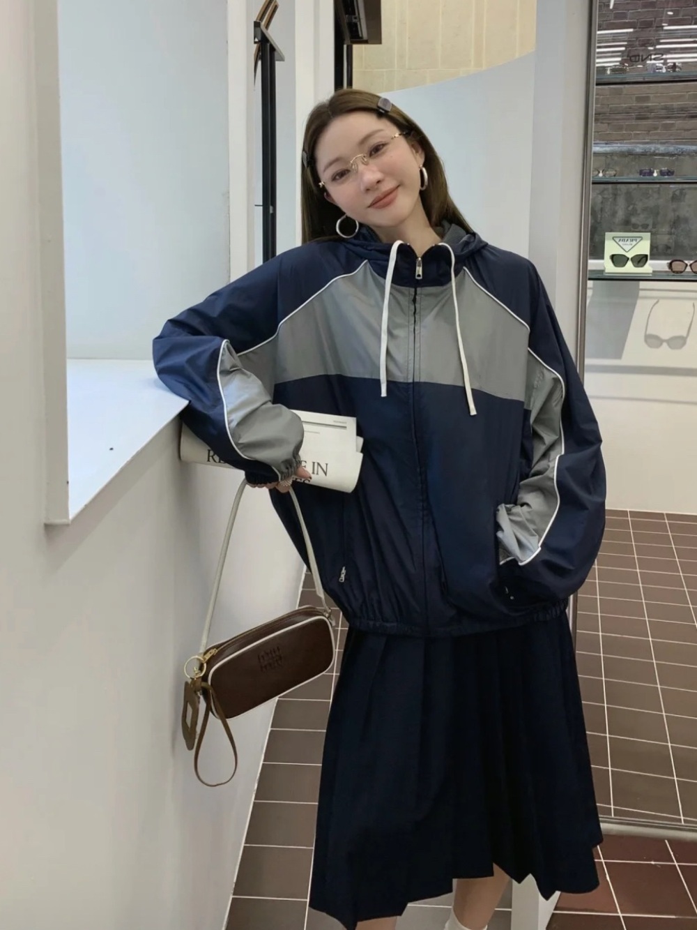 Boutique Women Navy & Gray Hooded Windbreaker Jacket